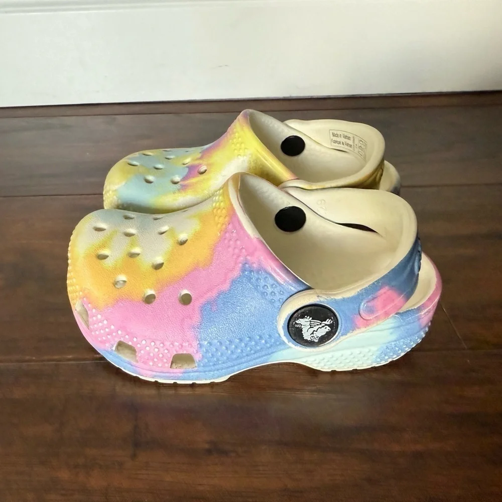 CROCS Kids Pastel Shoes in Yellow, Blue, and Pink-Size 5- Like New